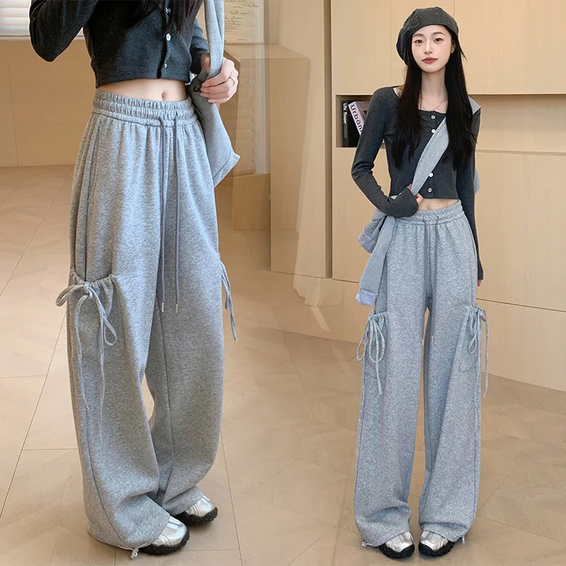 

Grey butterfly lace-up sweatpants autumn and winter 2025 new high-waisted and thin straight sweatpants casual wide-leg overalls