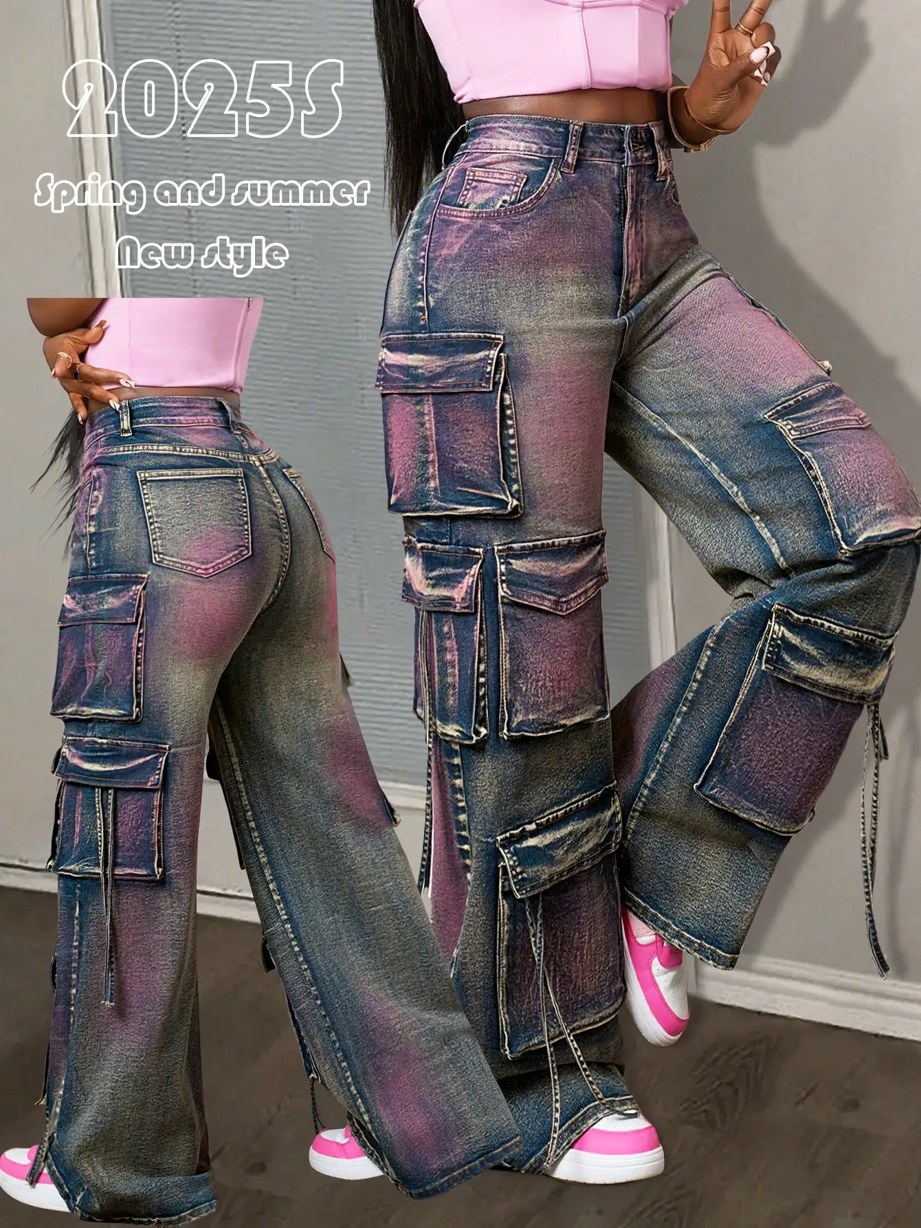 

Женские джинсы с широкими штанинами и 3D-карго-карманами, эффект металлик, уличный панк-стиль, лето 2025