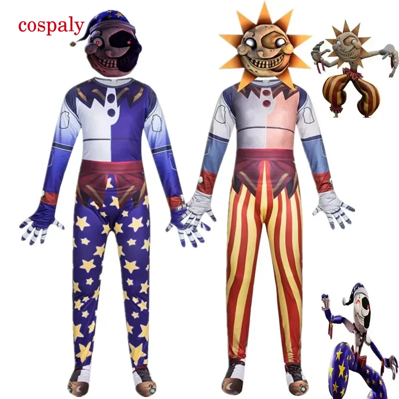 Fancy Halloween Costume For Kids Sundrop FNAF Sun Clown Jumpsuit With Mask Anime Cosplay Costumes Xmas Birthday Gift For Kids