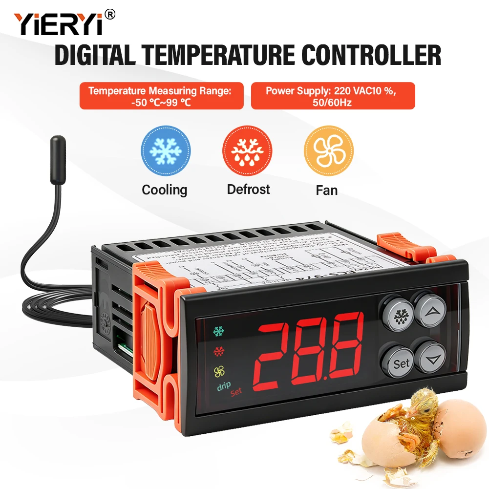 

Цифровой контроллер температуры Yieryi ECS-974 110-220В IP65 -50~99°C ℃ Вентилятор для охлаждения и размораживания для холодильных установок в птицеводстве