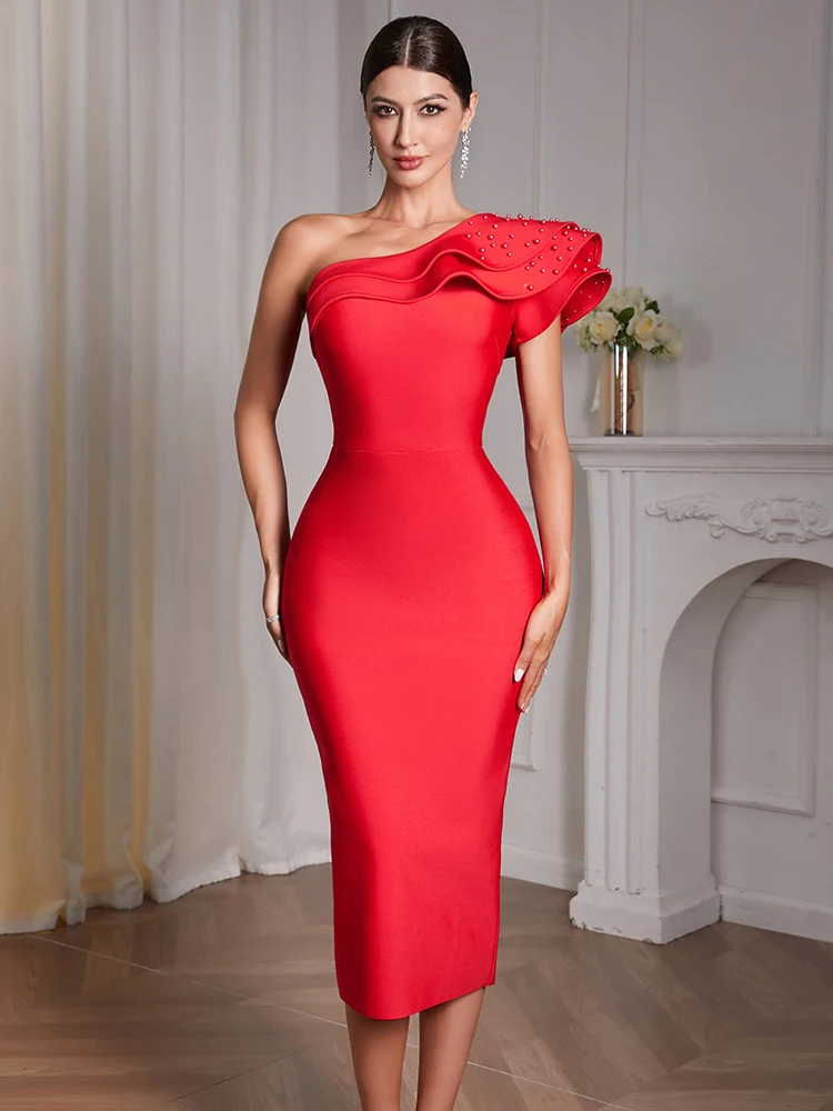 

Sexy One Shoulder Ruffles Beaded Bandage Dress Women Red Sleeveless Short Sleeve Pearl Bodycon Dresses Evening Party Gowns