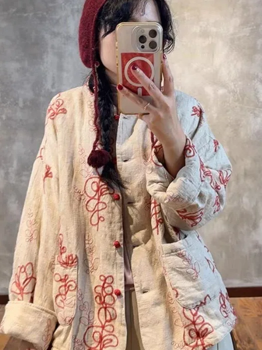 Thickened Embroidered Floral Jacket Three-Dimensional Cotton Vintage Style Women's Coat Warm Casual Long Sleeve Stand Collar