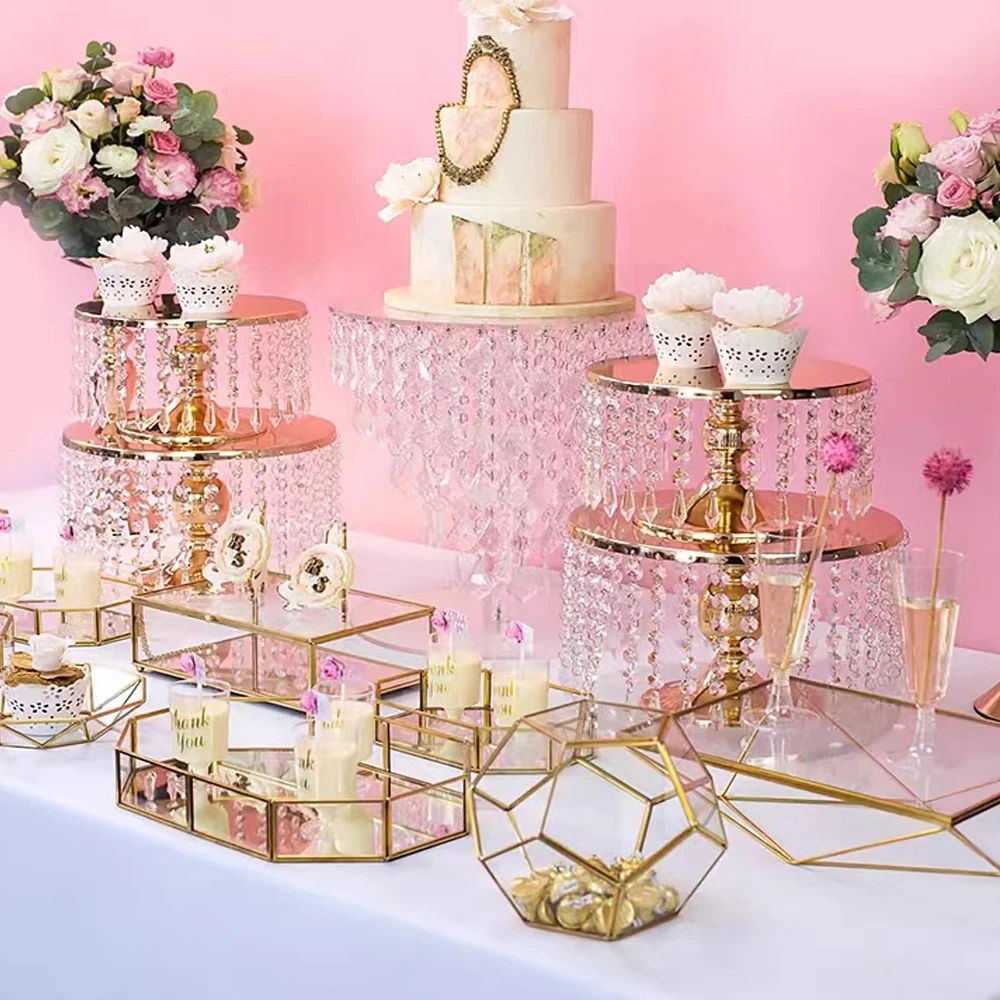 5Pcs Gold Clear Electroplate Metal Acrylic Crystal Cake Stand Set Display Wedding Birthday Party Dessert Cupcake Plate Rack