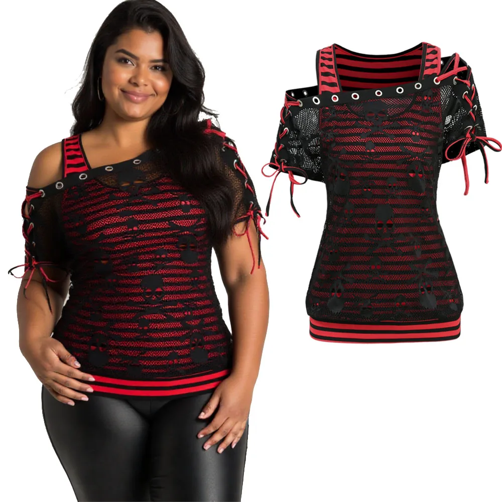 

ROSEGAL Womens Gothic T-shirt Skull Fishnet Overlay Lace Up Grommet Striped 2 in 1 Top New Trend Skew Collar Fake-2-Piece Blouse