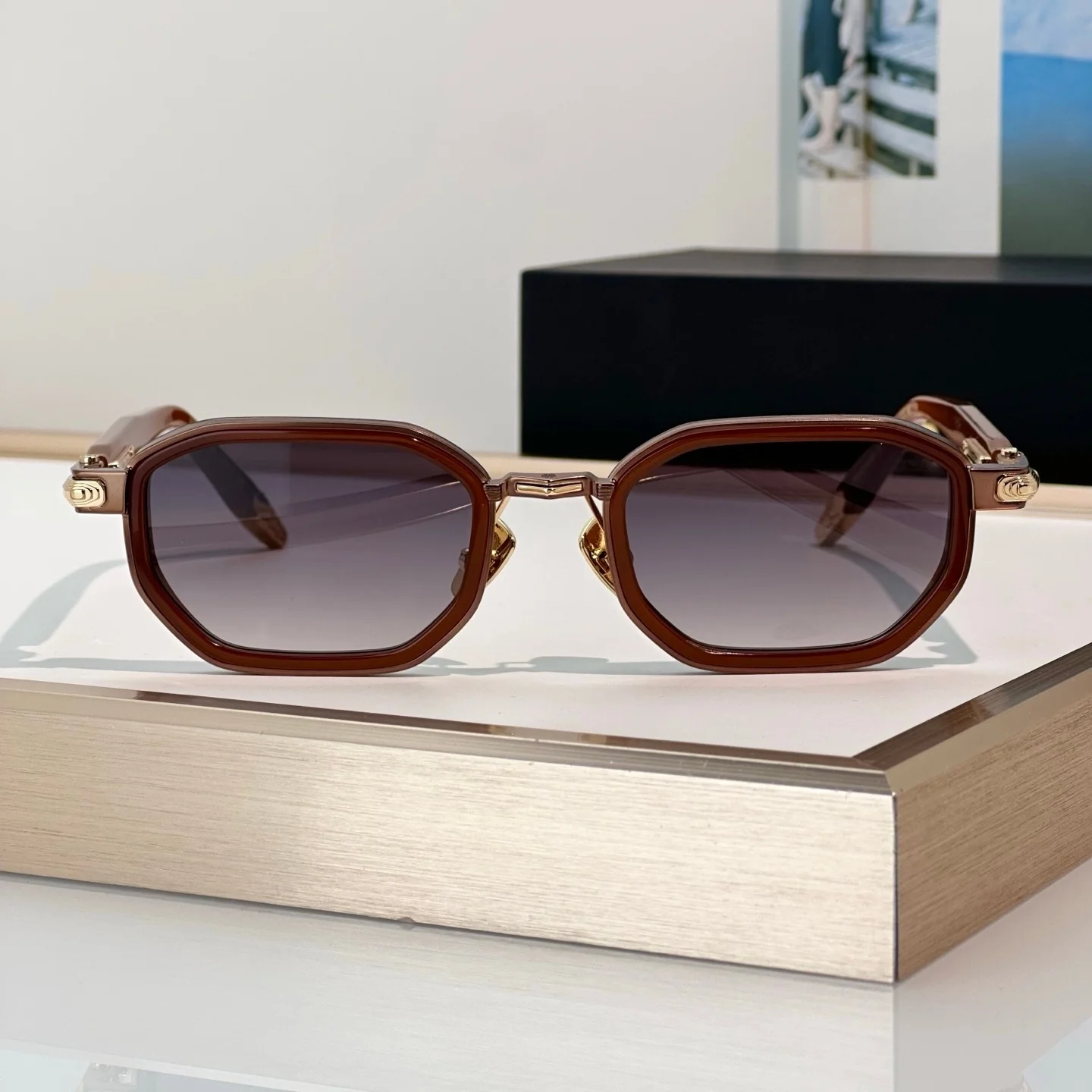 AXEL Sunglasses Man Woman, Geometric Octagon Acetate Metal Frame Gradient Grey Lens UV400 Protection Unisex Luxury Eyewear