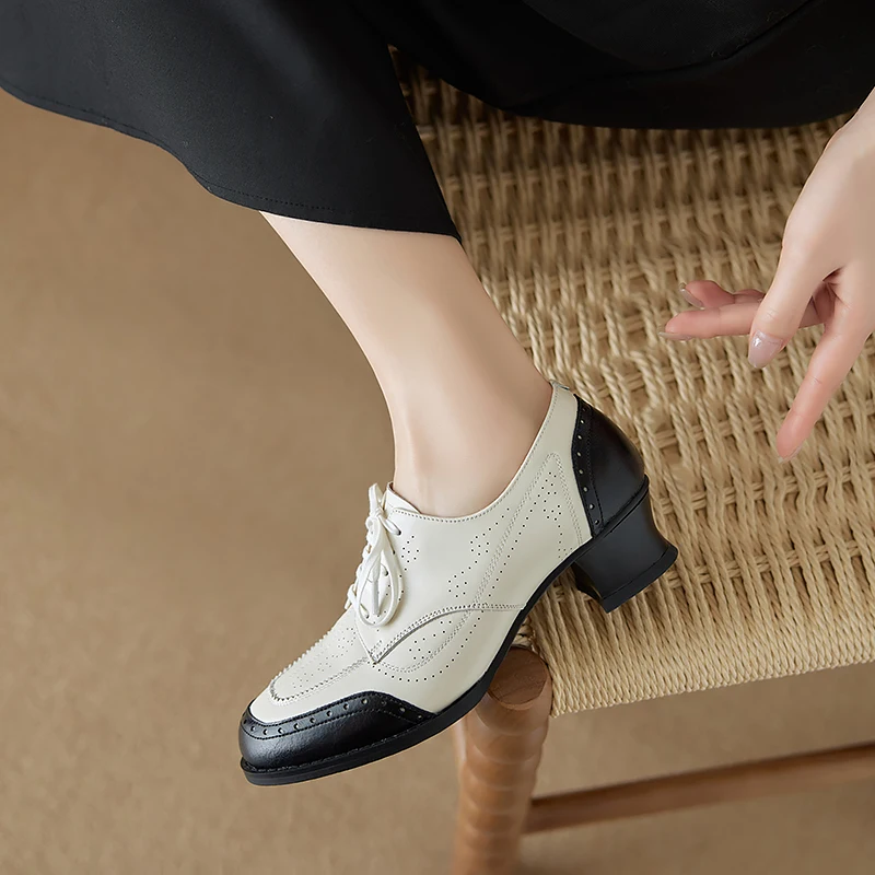 New Genuine Leather Women High Heel Shoes Lace Up Classic Round Toe Mid Heels Shoes Casual Loafers Office Lady Dress Size 34-40
