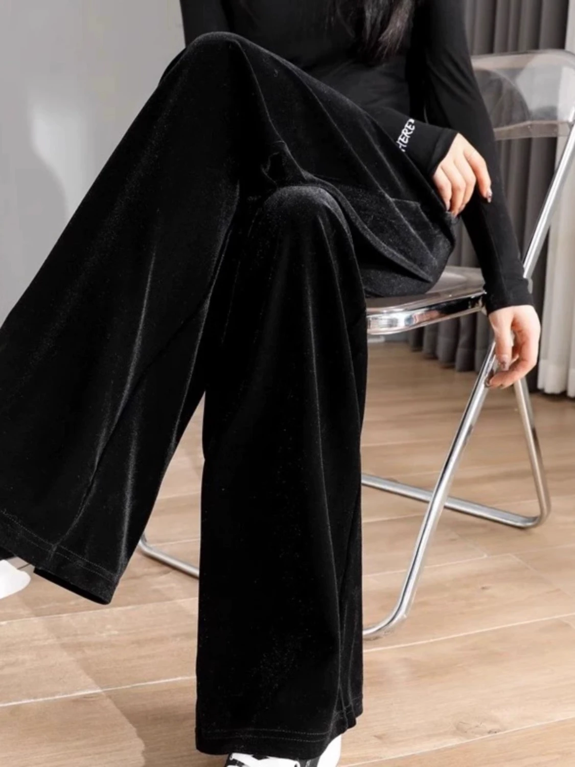 

High Waist Wide Leg Pants Women's Loose Small Size Thiened Fce Autumn Winter Casual Trousers Floor-Length Straight Cut