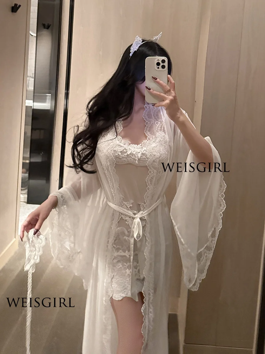 

Sexy Lace Mesh Nightgown Uniform Small Chest Sleepwear Morning Robe Set Women's Home Clothes Sleepwear Short Sleeve