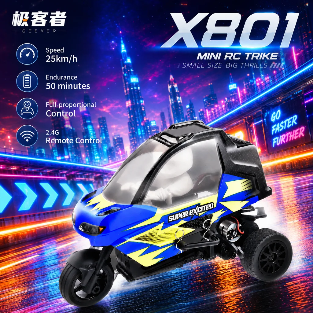 X801 RC Three Wheel Rickshaw Model Extreme Corner Side Lean Import Bearings Simulation Real Car Flash Light Ultra Long Battery