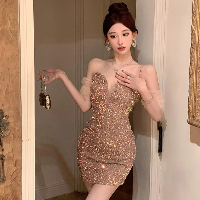 Kimotimo Sexy Strapless V Neck Sequins Party Dresses Women Korean Fashion Backless Slim Waist Wrap Hip Mini Dress Summer