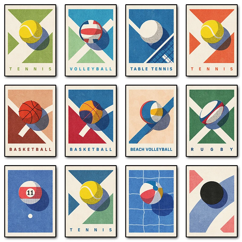 Basketball Tennis Volleyball Retro Ball Games Illustrations Posters Prints Canvas Painting Wall Art Picture for Room Home Dec