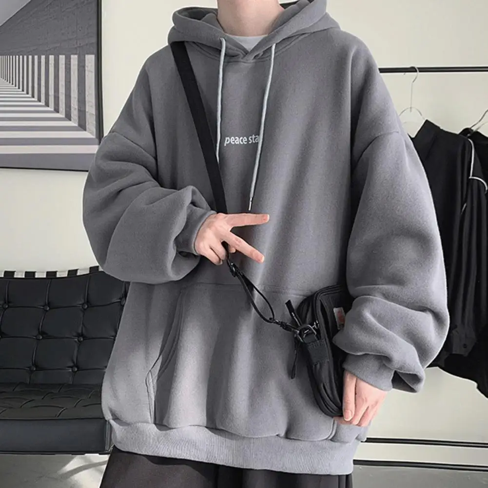 Pullover Hoodie Stretchy Men Plush Lined Letter Print Pullover Hoodie Long Sleeve Shrinkable Cuffs Men Sweatshirt Streetwear