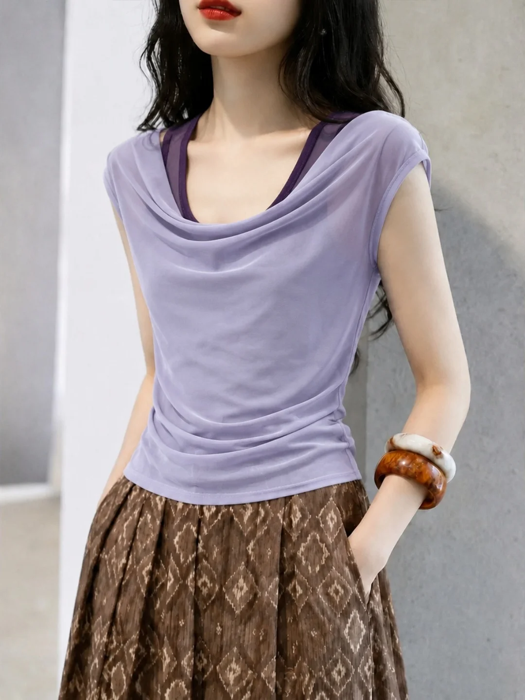 Fashionable Slim Fit Overhead T-Shirt Design Trendy Chiffon Style Commute Korean Version round Neck Short Sleeve Pure Color