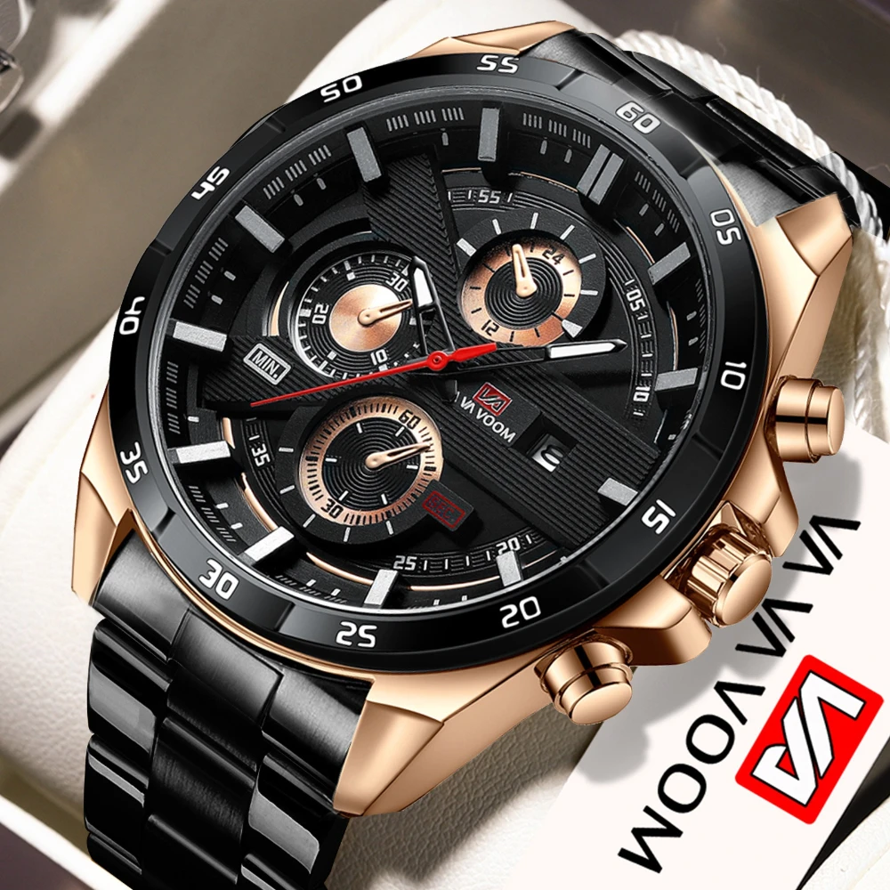 VA VA VOOM 216 Fashion Luxury Watch Steel Strip Multi Functional Calendar Waterproof Luminous Chronograph Watches for Men Часы