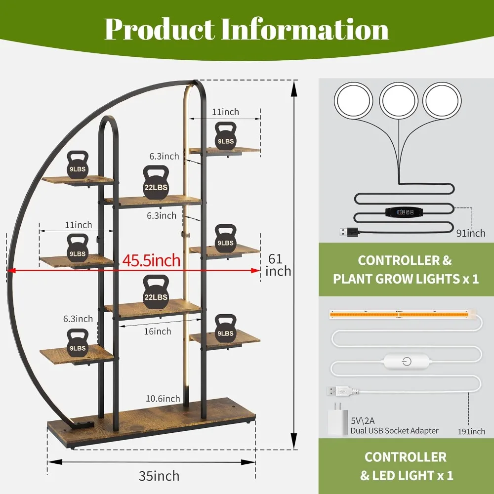 61” 9-Tier Moon-Shaped Plant Stand with LED & Grow Lights