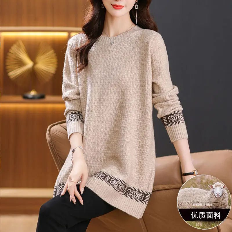 5XL Large Size Mid Length Knitted Sweater Women\'s Pullovers O-Neck Loose Knit Jumper Spring Autumn All-match Casual Sweaters