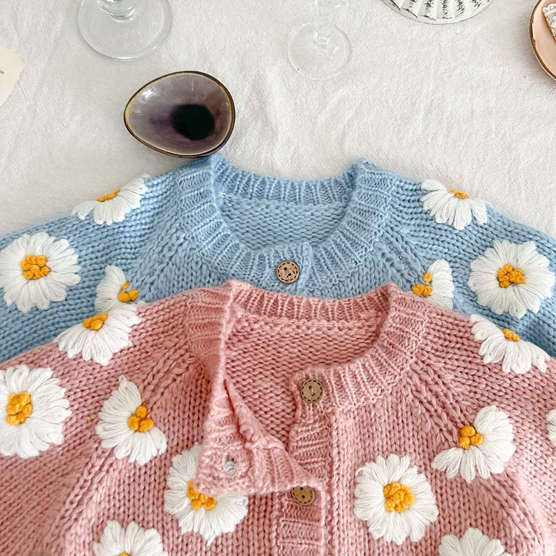 Toddler Baby Girls Sweater Coat Handmade Flower Embroidery Infant Baby Girl Knitting Cardigan Autumn Spring Baby Girl Clothing