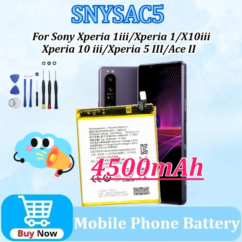 

New SNYSAC5 4500mAh Mobile Phone Batteries for Sony Xperia 1iii/ 1/X10iii/ 10 Iii/5 III/Ace II Replaceable Battery + Tools