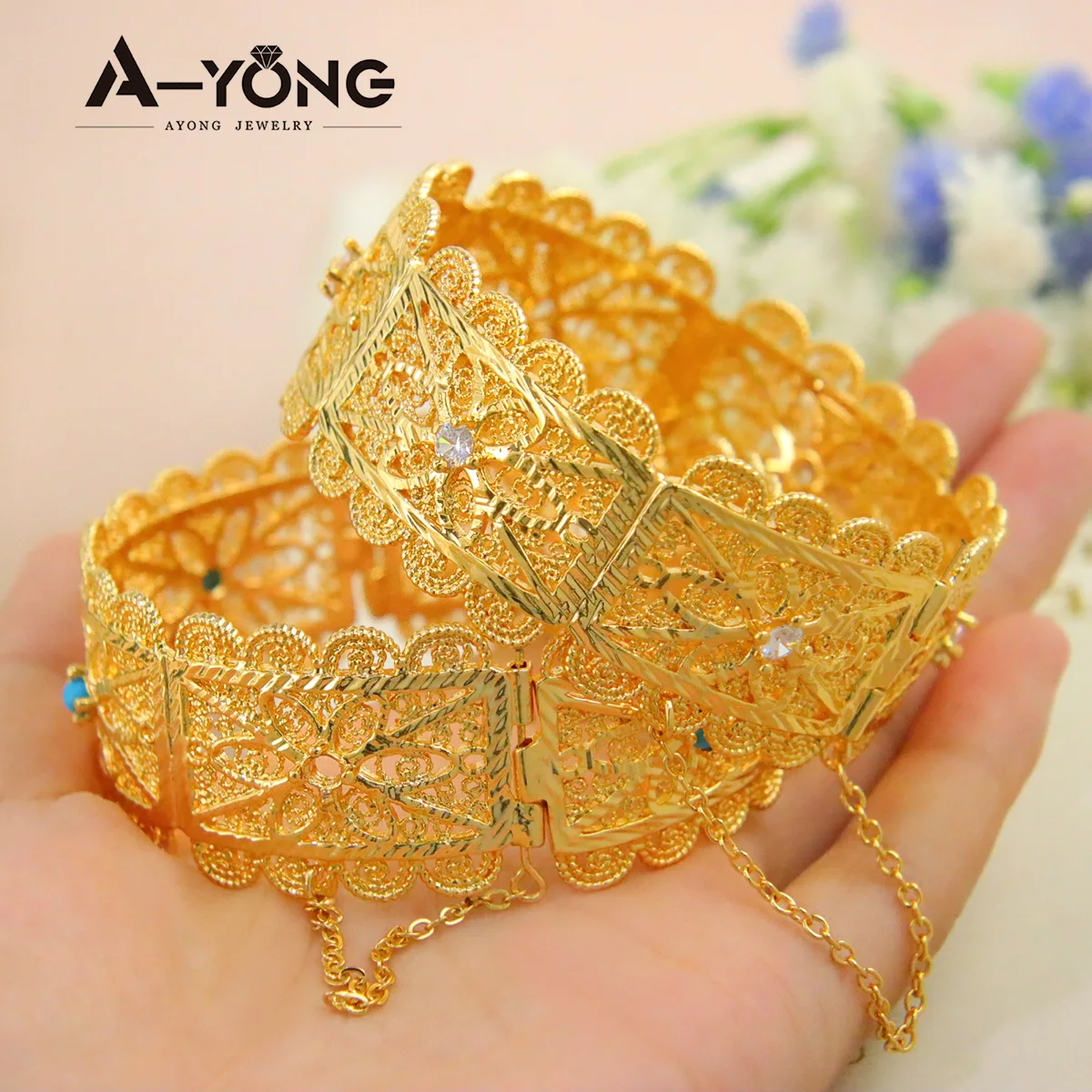 Algeria Wedding Bridal Bangles 21k Gold Plated Royal Opening Cuff Bracelet Ethiopian Nigeria Women Luxury Engagement Jewelry