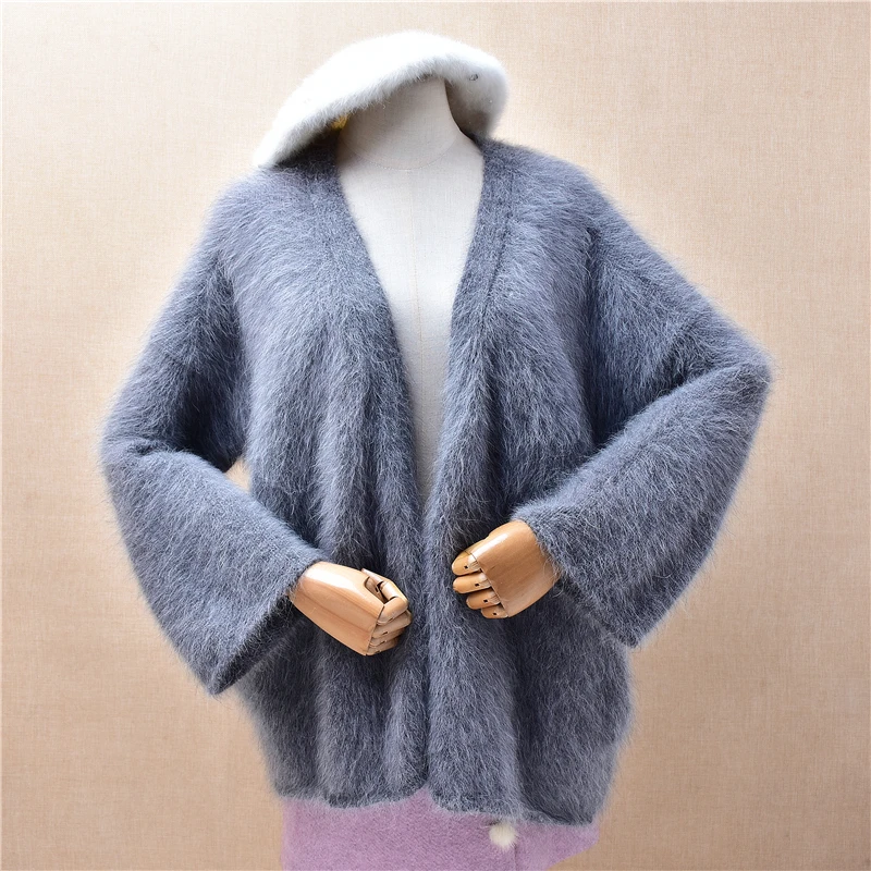 

Ladies Women Autumn Winter Clothing Grey Hairy Mink Cashmere Knitted Long Sleeves Loose Cardigans Mantle Angora Sweater Jacket