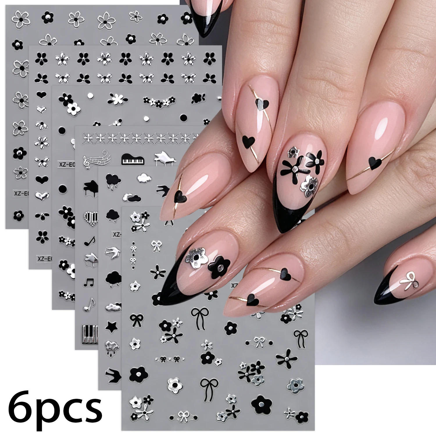 6Pcs Metal Silver Flower Love Nail Art Sticker 3D Mixed Balck Silvery Bowknot Piano Notes Clouds Floral Nail Decals DIY Cute Dec