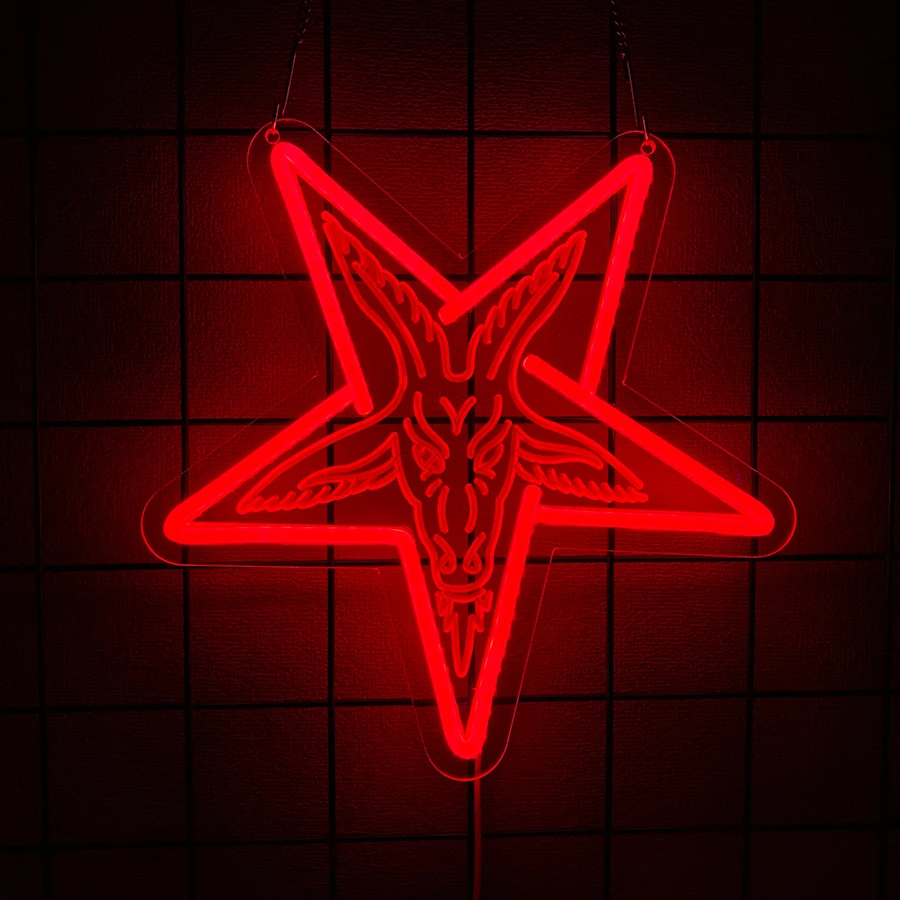 Insegna al neon gotica Baphomet, agnelli intagliati tridimensionali e lampade da parete con stella a cinque punte invertita, decorazioni per la casa.