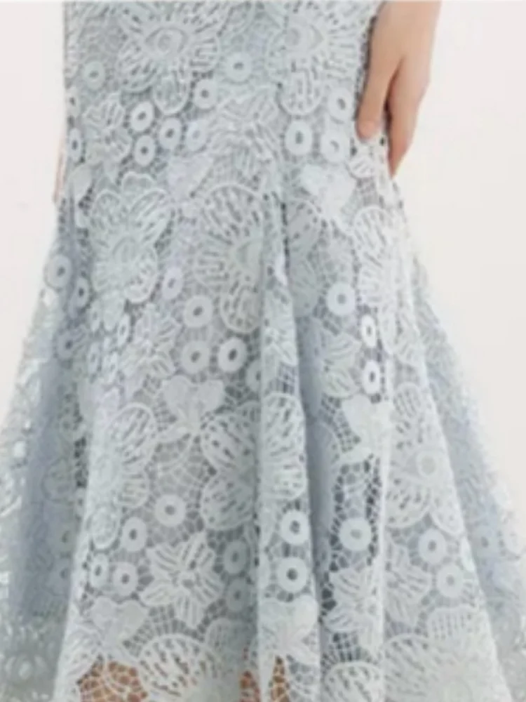 Vestidos elegantes de encaje con agujeros para mujer, Vestidos de sirena de trompeta lisos, cuello redondo, manga corta, flor de ganchillo, Vestidos de fiesta de noche para boda
