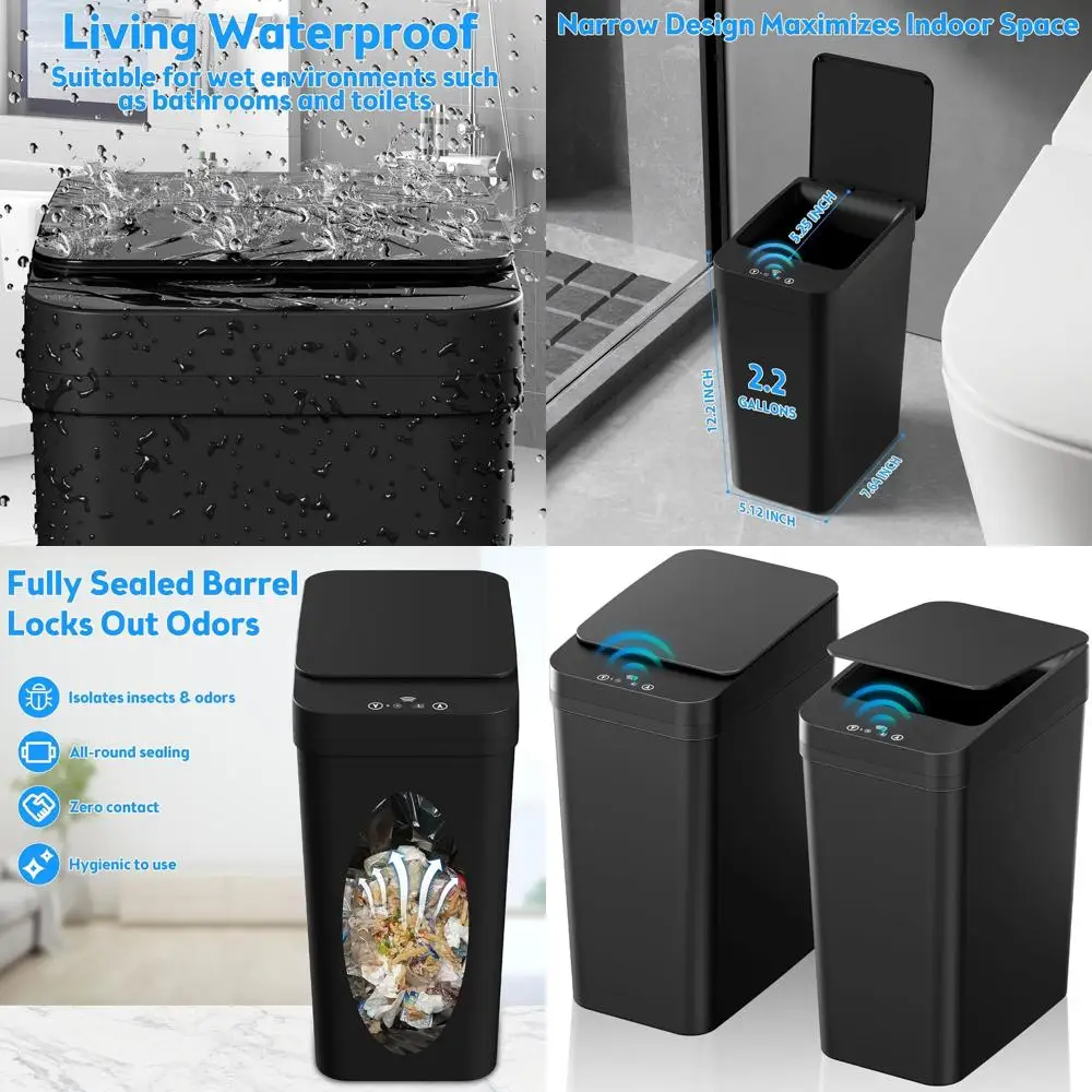 

2-Piece 2.2 Gallon Touchless Trash Cans with Lid, Motion Sensor Bin for Home and Office (Black)