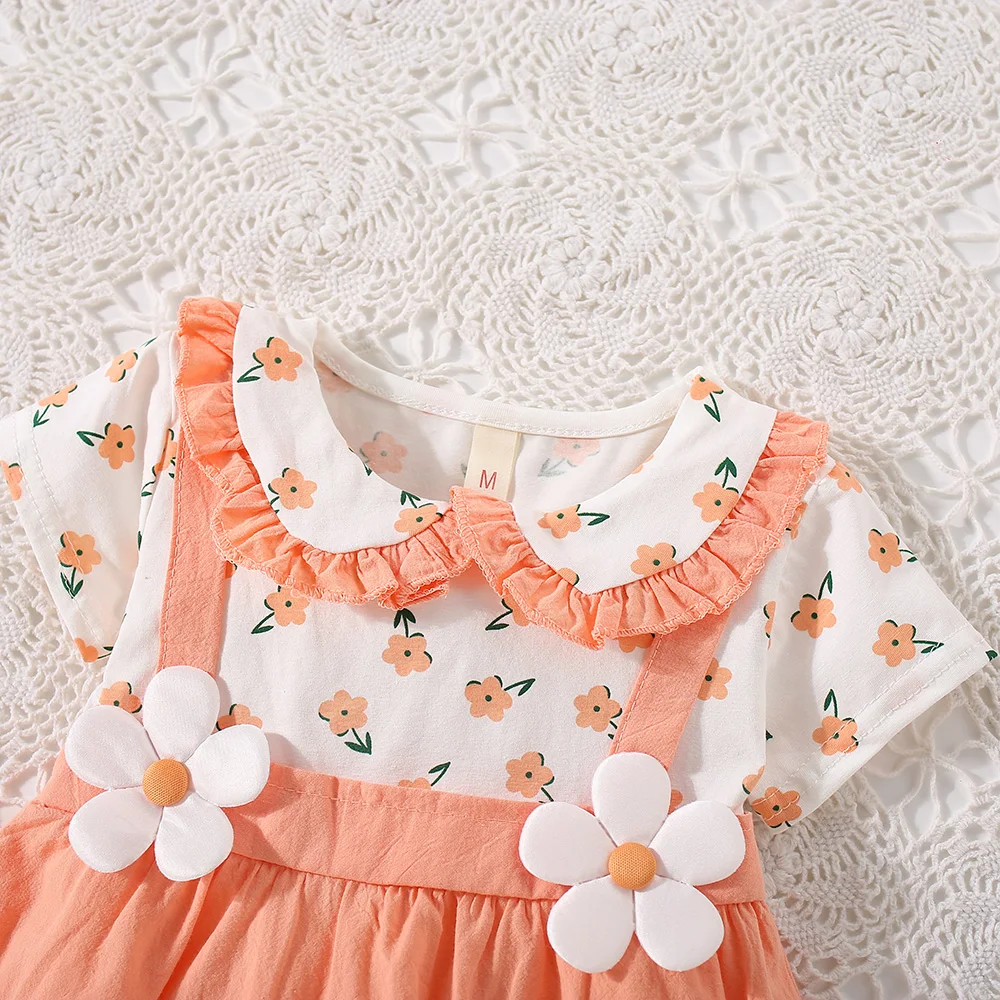 Summer New Baby Girls Dress Short Sleeve Lapel Lace Pleated Flower Pattern Halter Pleated Sweet Princess Dress (0-3 Years)