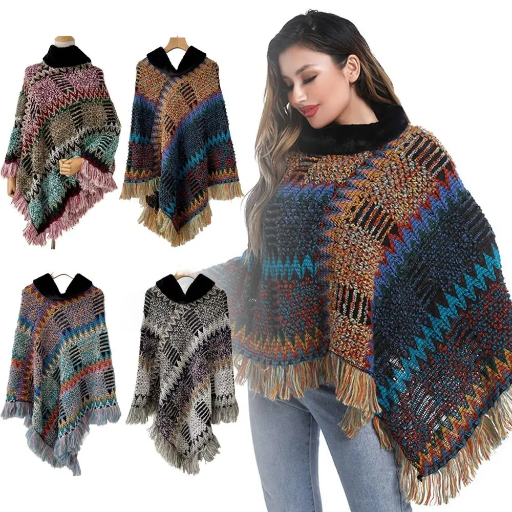 

Зимняя теплая вязаная шаль, вязаный толстый плюшевый шарф, роскошный элегантный шарф с кисточками, воротник из искусственного меха, шаль