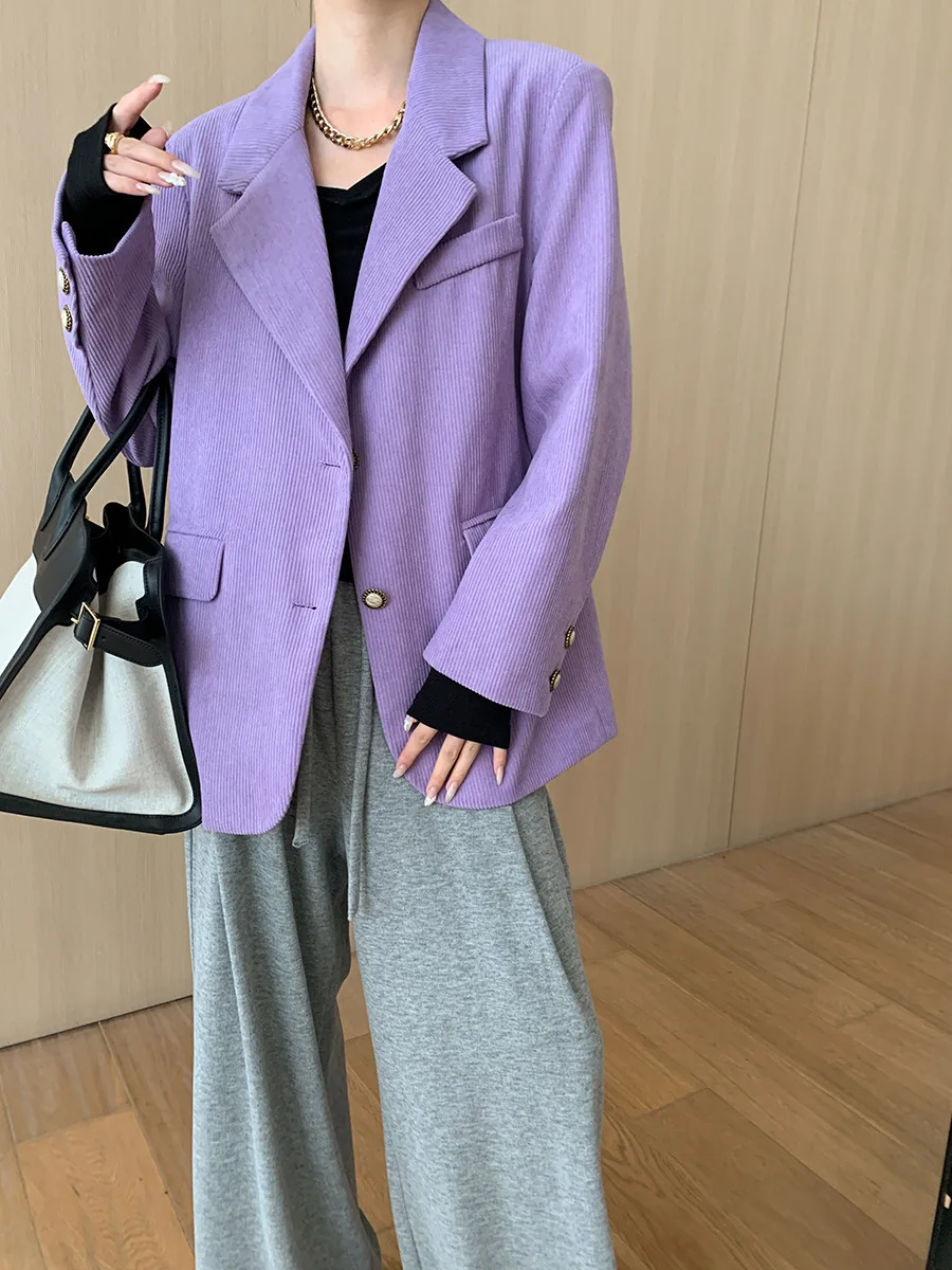 

Women Vintage Corduroy Jacket Dual Pocket Casual Loose Coat 2024 Autumn Blazer Purple Brown Beige