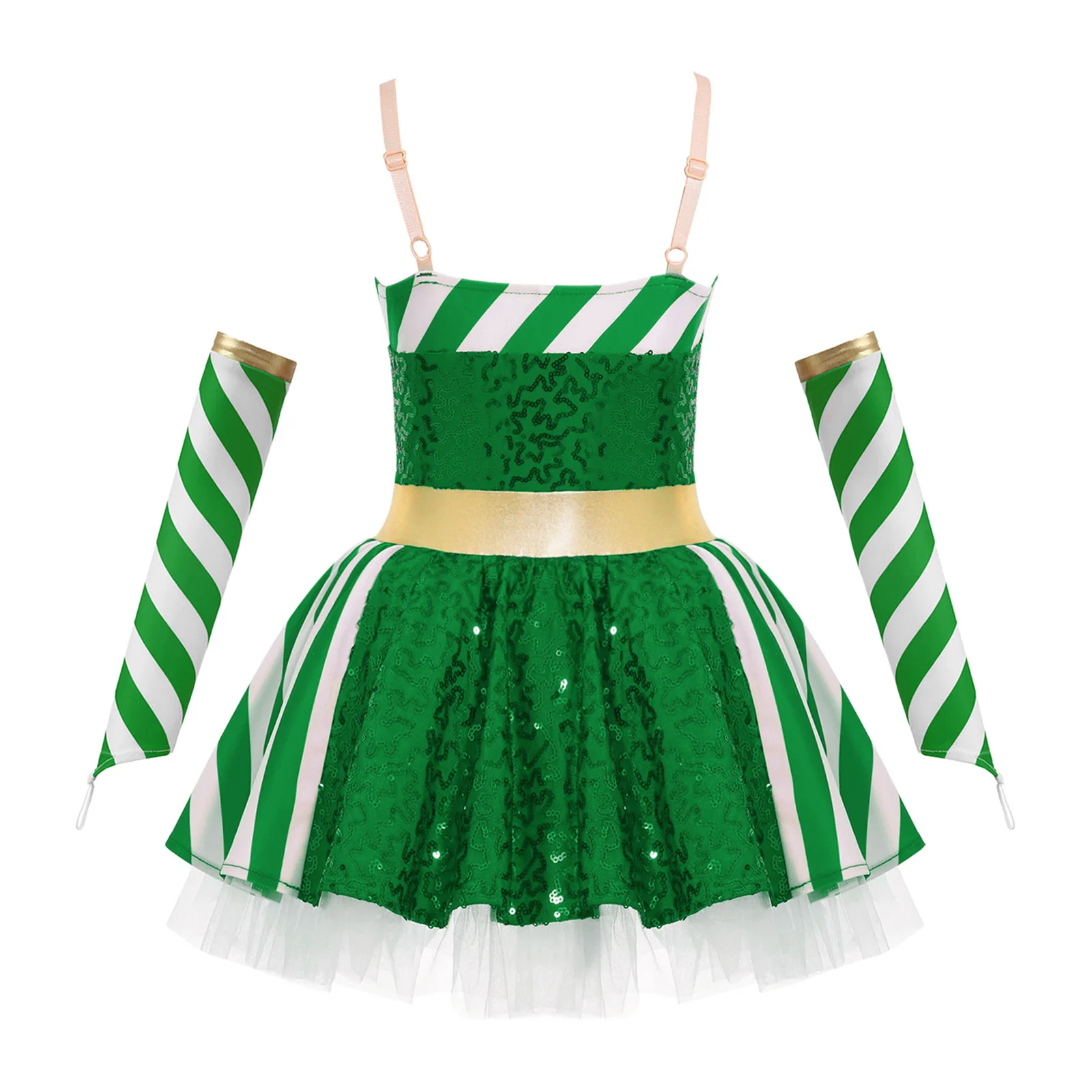 Girls Christmas Ballet Dance Figure Skating Dress Shiny Sequin Striped Tutu Leotard with Sleeves Holiday Carnival Party Costume