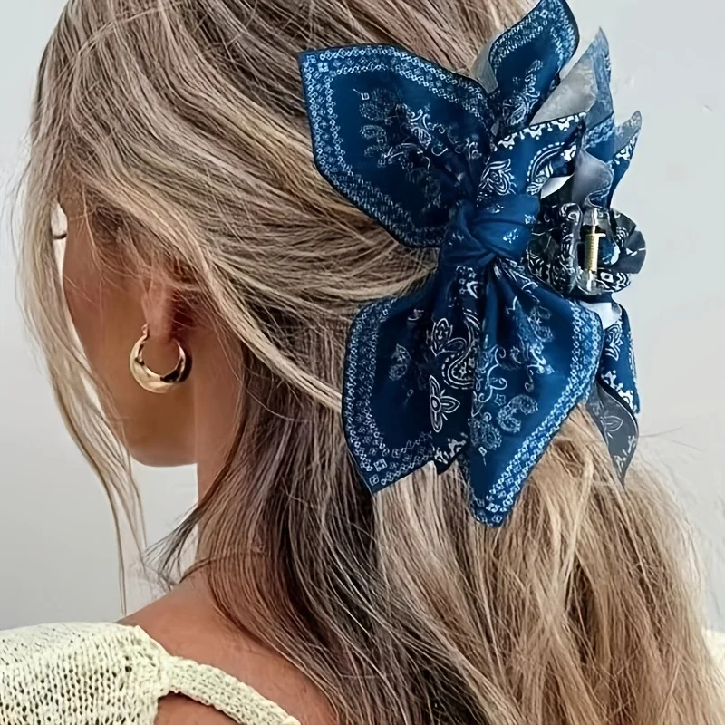 1pc Vintage Paris Paisley Pattern Hair Claw Clip - Large Bow Design, Premium Back-Of-Head Shark Clip Hair Accessory