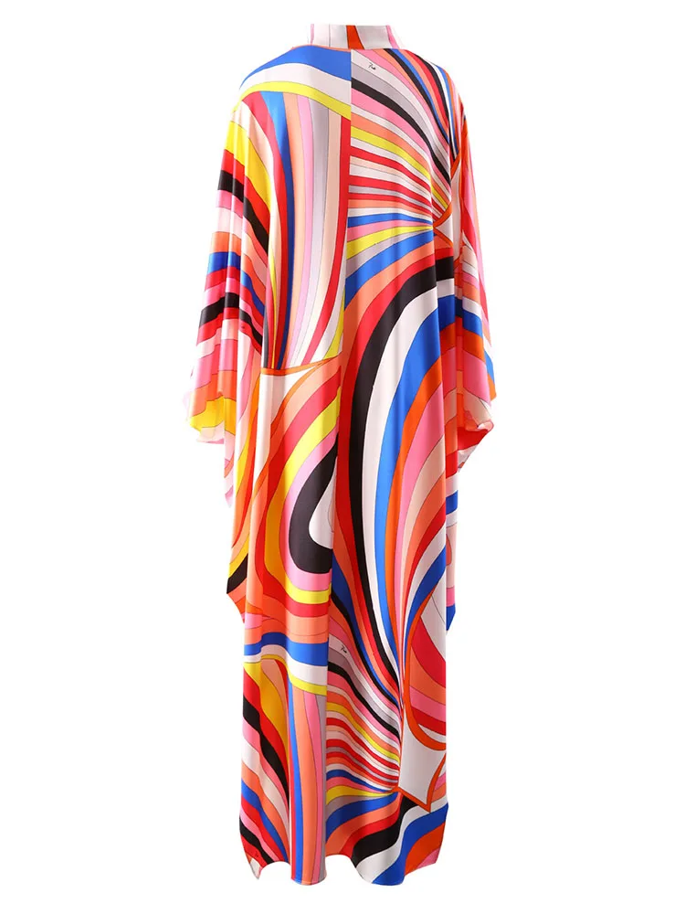 Geometric Striped Printing Robe Fashion Dress Stand Collar Batwing Sleeve Party Holiday Loose Vestidos