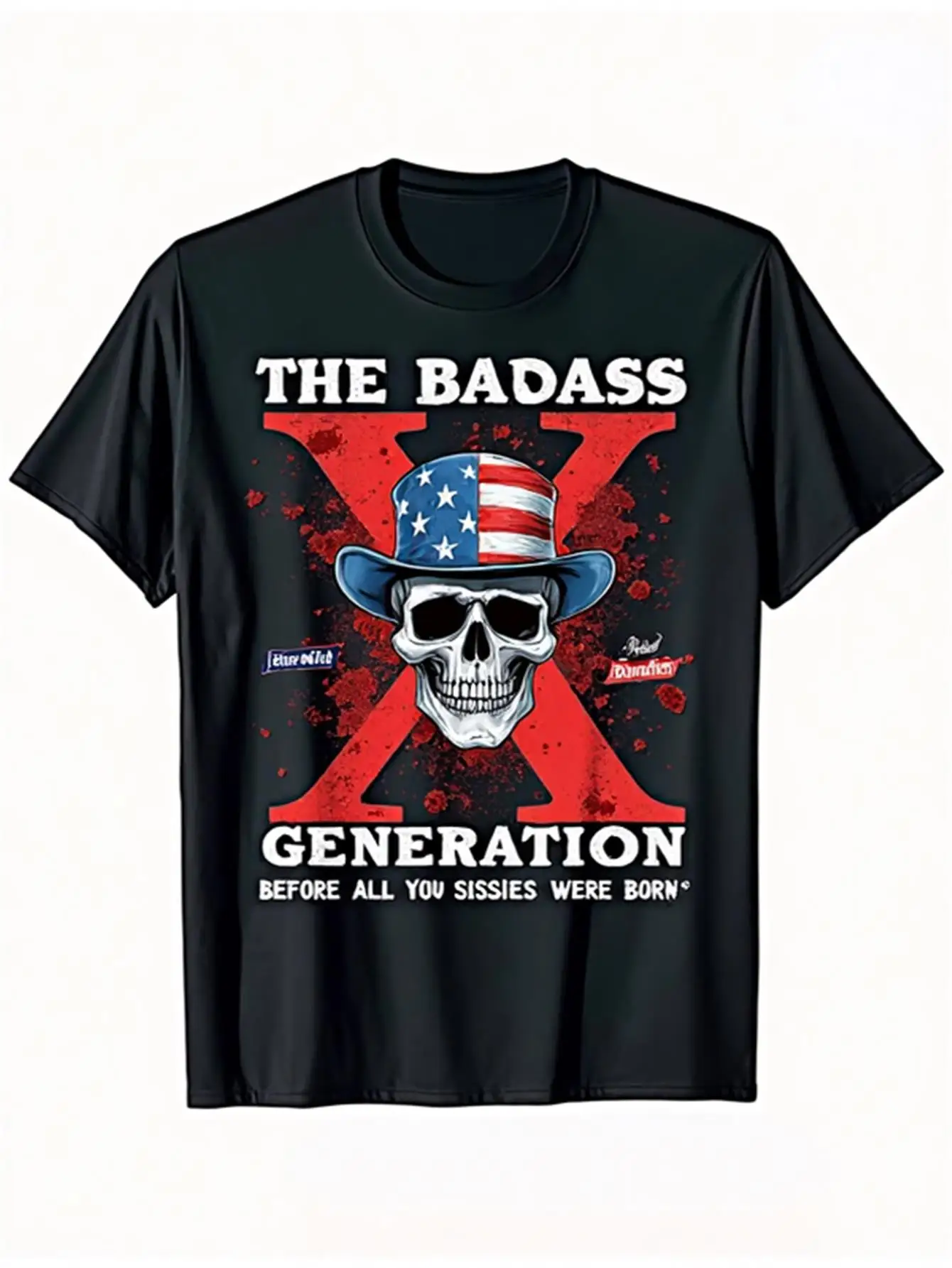 

X Generation Graphic T-Shirt Classic 1965 to 1980 Fearless Generation Slogan with American Flag Hat Skull Design 100% Cotton Unisex Size S-Xxxl 90S