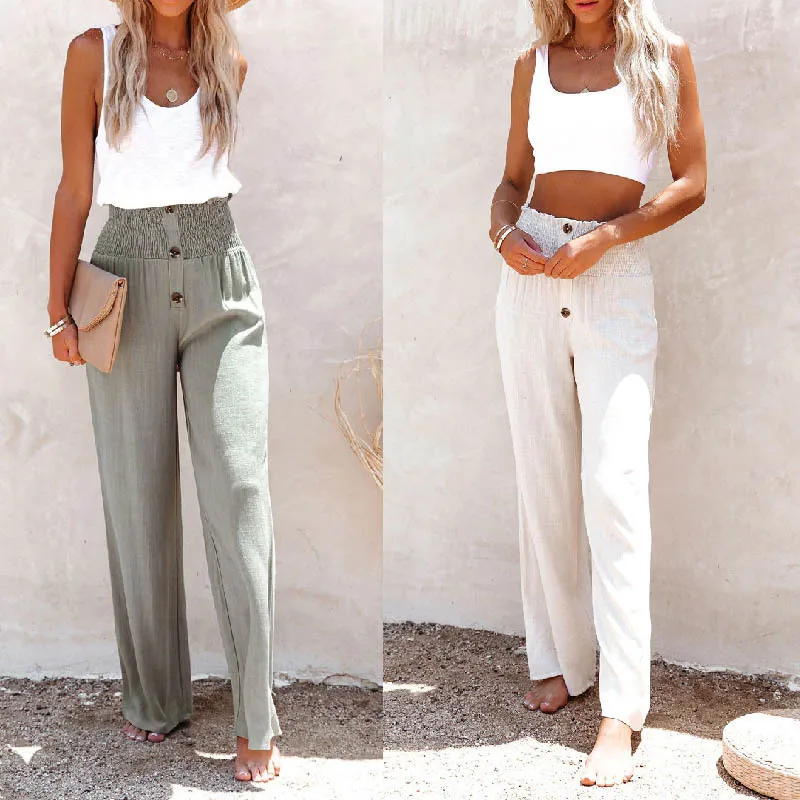 

New Women's High Waist Loose Long Cotton and Hemp Wide Leg Pants with Elastic and Loose Casual Wide Legs for Women