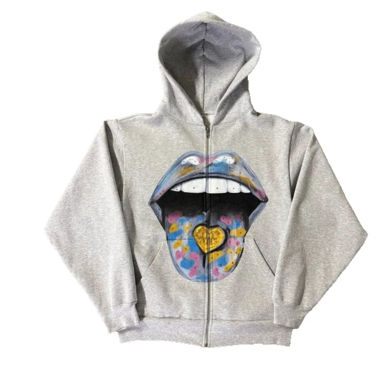 Mouth Print Zipper Hoodie Women European American Harajuku Long Sleeved Pullover Hoodie Retro Jacket High Street Trend Coats New