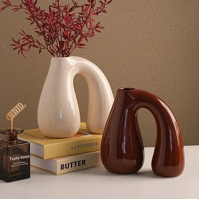 N-shape Ceramic Vase Desktop Decoration Plant Pots Artificial Flowers Arrangement Living Room Ornaments Arrangement Floral Vases