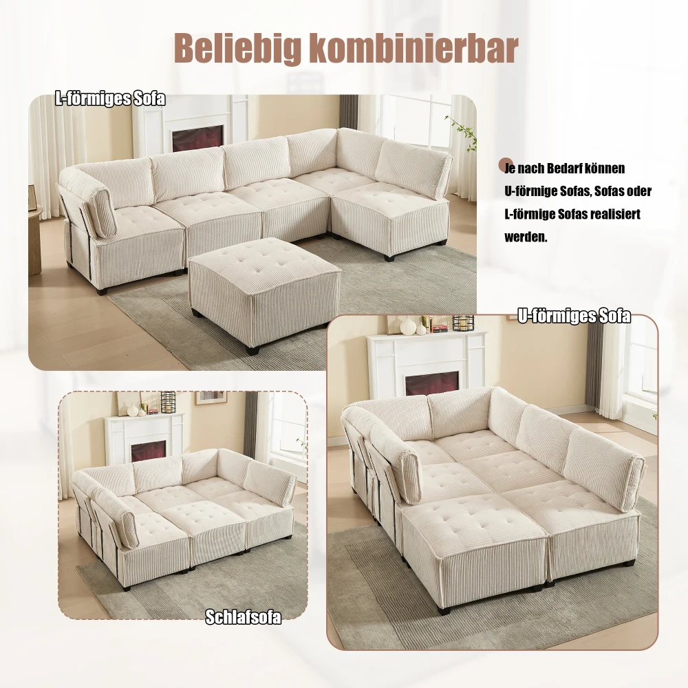 Sofa Modulares 6-Sitzer-Sofa, Kordelstoff, ergonomisch, Aufbewahrungstaschen, flexibel kombiniert als U-Form/L-Form/Sofabett – Detail 10