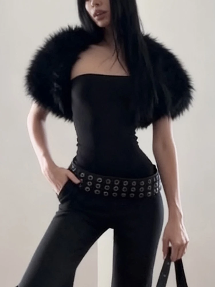 Weird Puss Trend Classic 2-Piece Set Women Sexy Furry Shawl+Sleeveless Tank Top Fashion Party Club Stretch Skinny Activi Outfits