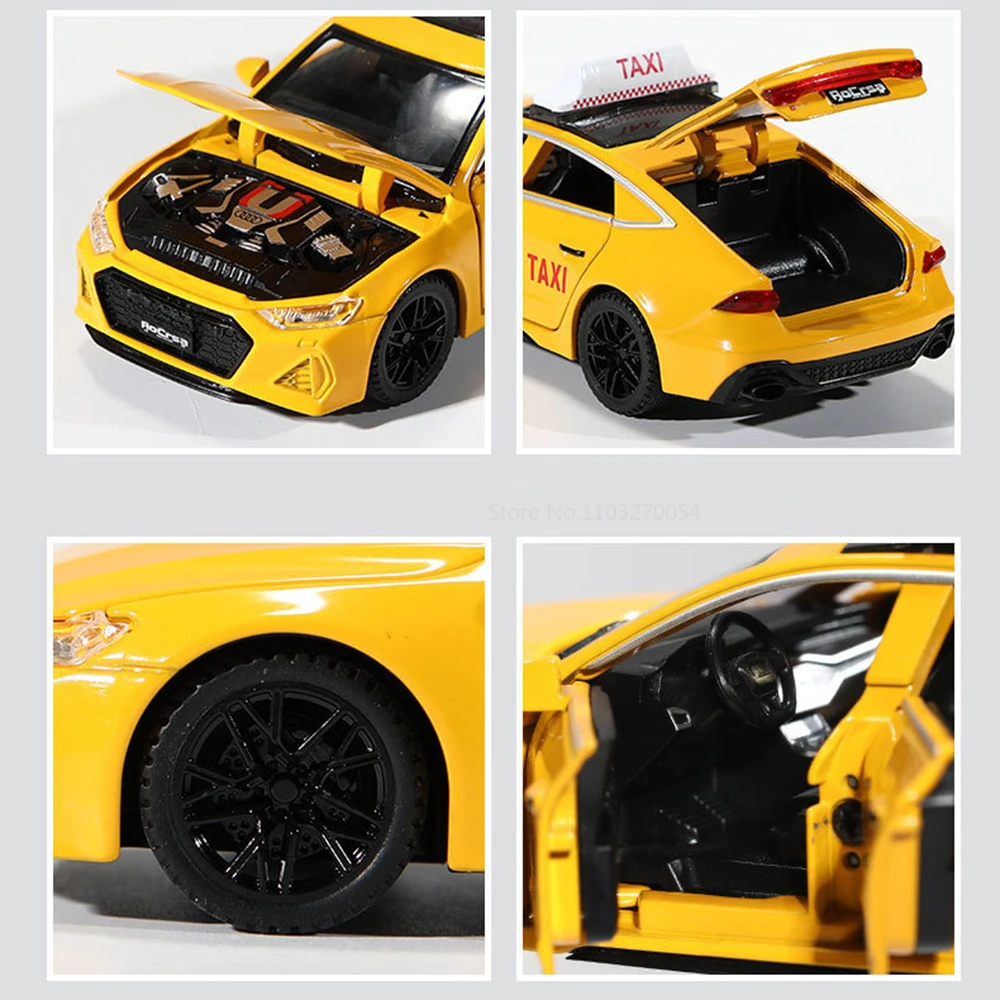 RS7 Taxi Car Model Toy para Crianças, Liga de Simulação, Corpo de Metal Diecast, Som e Luz, Função Puxar, Veículo, Ornamentos Decorativos, 1/32