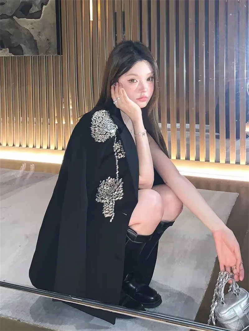Three Dimensional Flower Inlaid Diamond Slim Fit Suit Jacket For Women Heavy Industry Nail Bead Fashion Temperament Black Blazer