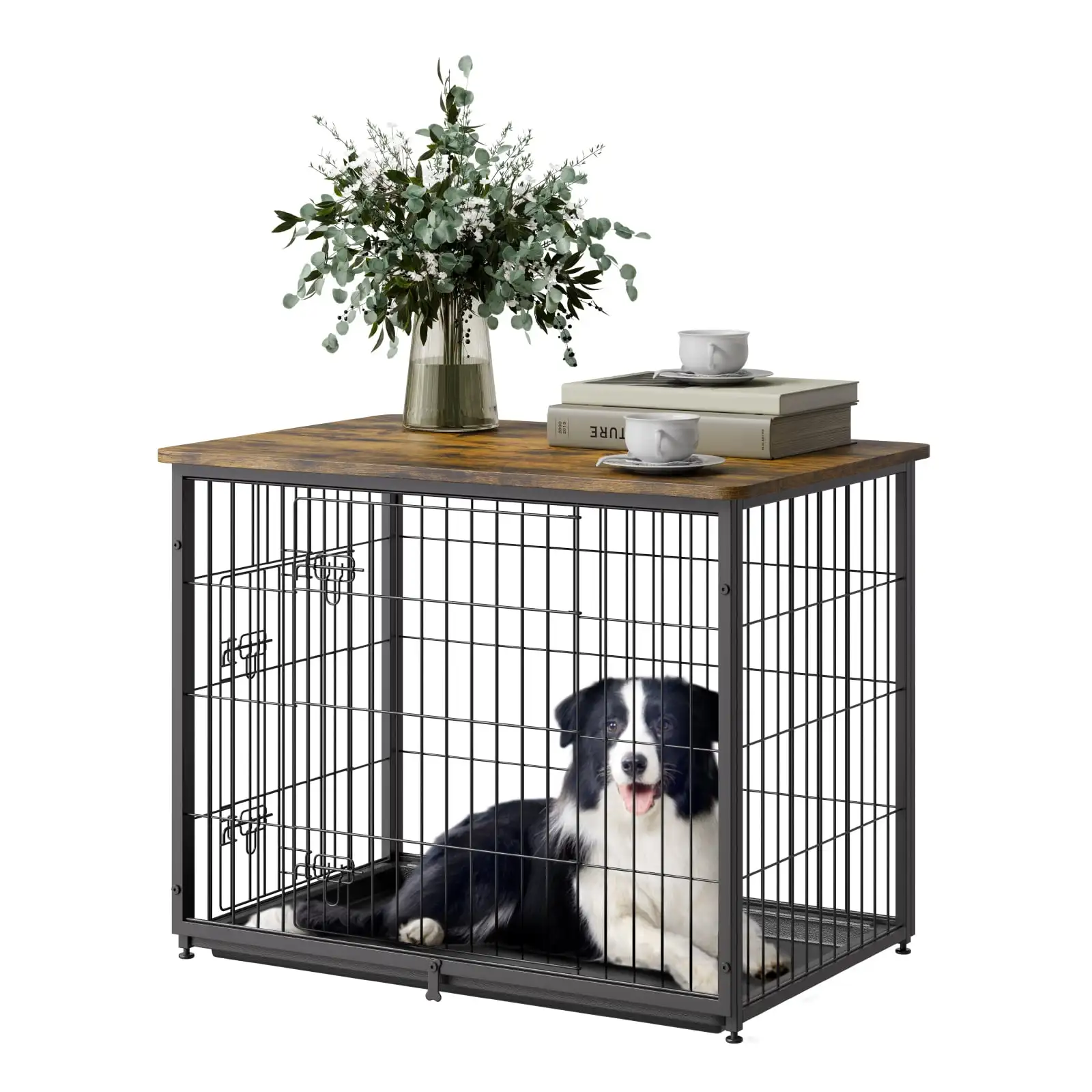 

33" Canine Enclosure Decor, Dual-Door Dog Housing Unit, Convertible Stylish Wood Canine Box with Detachable Tray,
