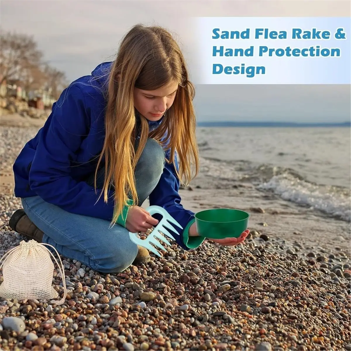 SharkTooth Sifter Tools Sand Shovel Rake with Sand Sifters & Mesh Beach Bag & Seashell Sack Plastic Sand Shell Scooper