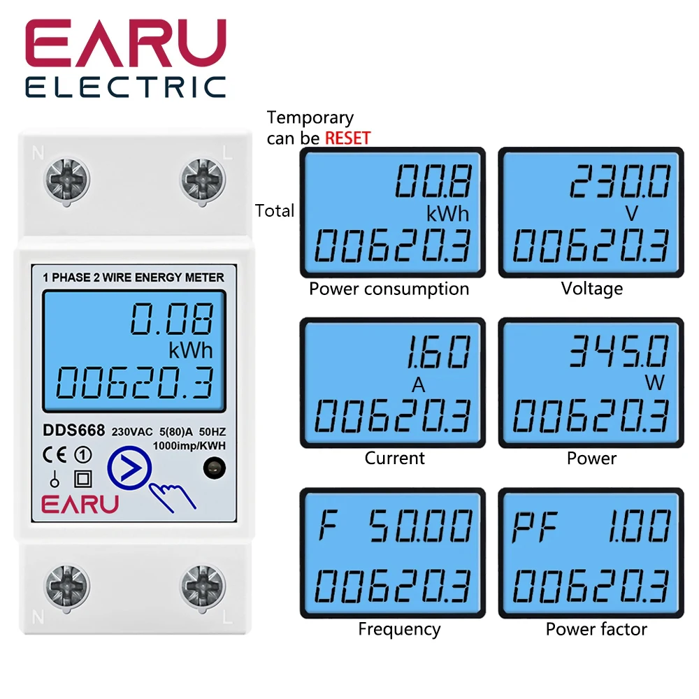 medidor do consumo de energia digital do trilho do ruido monofasico restauracao de energia zero kwh tensao corrente wattimetro eletricidade 220v ca 01