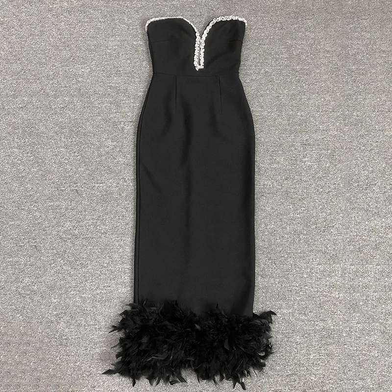 GORAFASHION Hot Style Black Feather Strapless Sexy Bandage Dress Evening Dress Sexy V-neck Crystal Party Dress