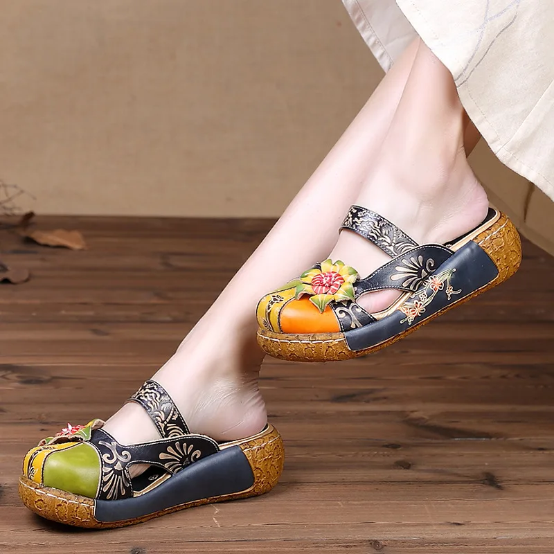 2026 New Fashion Cowhide Spell Color Flower Women Trendy Slippers Wearing Outside Wedges Large Size Slipper Summer Shoes