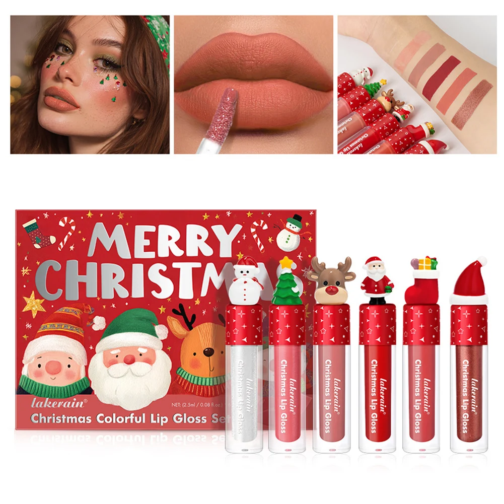 6pcs/Set Xmas Lip Makeup,Women Matte Liquid Lipstick,Includes Lip Balm,Long-Lasting Wear Waterproof Lip Gloss Christmas Gift