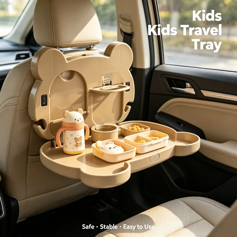 Car Back Seat Foldable Food Tray, Auto Headrest Mount Drink Cup Holder Portable Car Dining Table Snack Storage Plate