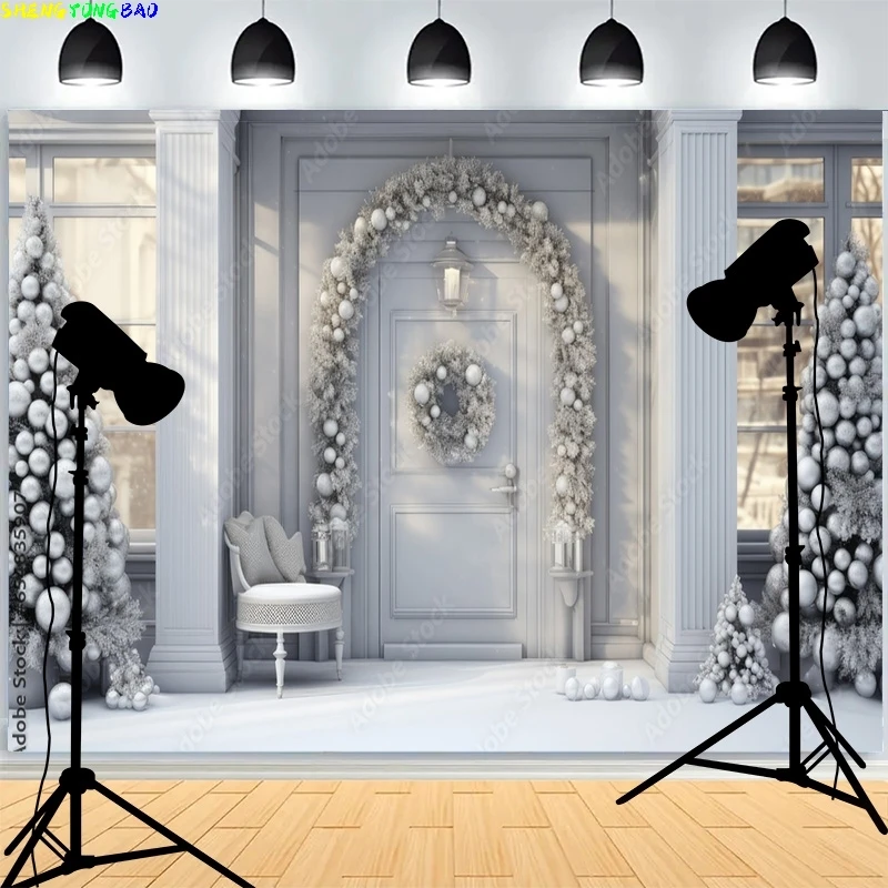 

Christmas Day Wreach Snowflake Photography Backdrops Front Door Winter New Year Cottage Living Room Decoration Background DD-03